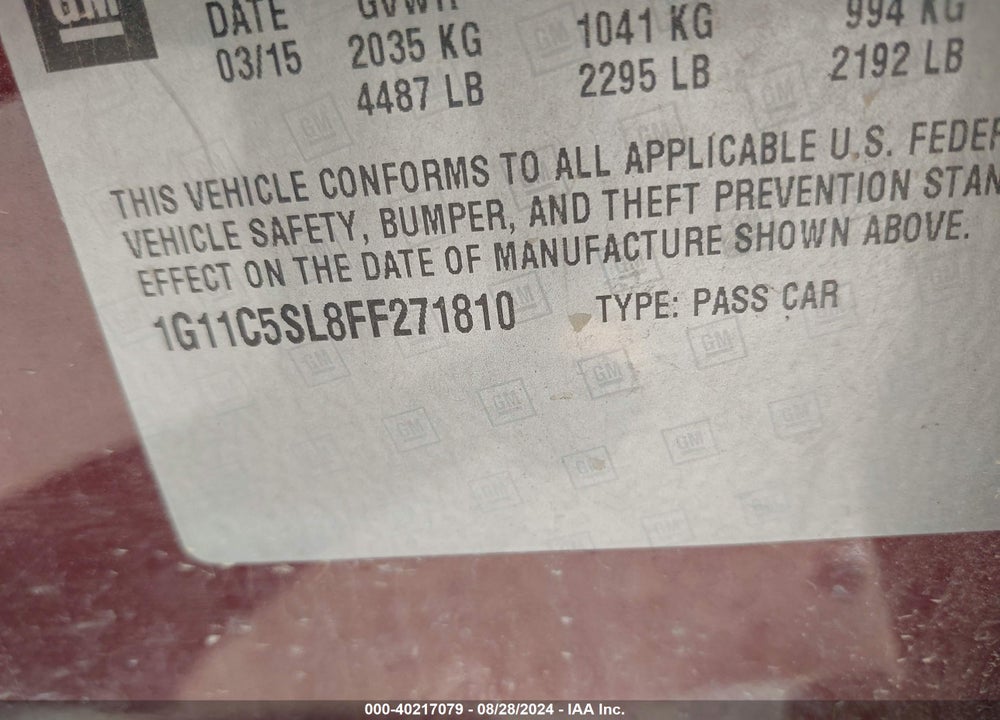 2015 CHEVROLET MALIBU 1LT VIN: 1G11C5SL8FF271810