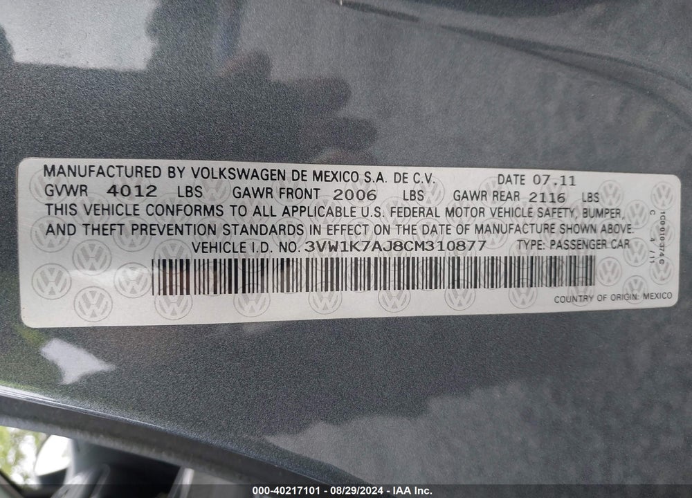 2012 VOLKSWAGEN JETTA 2.0L S VIN: 3VW1K7AJ8CM310877