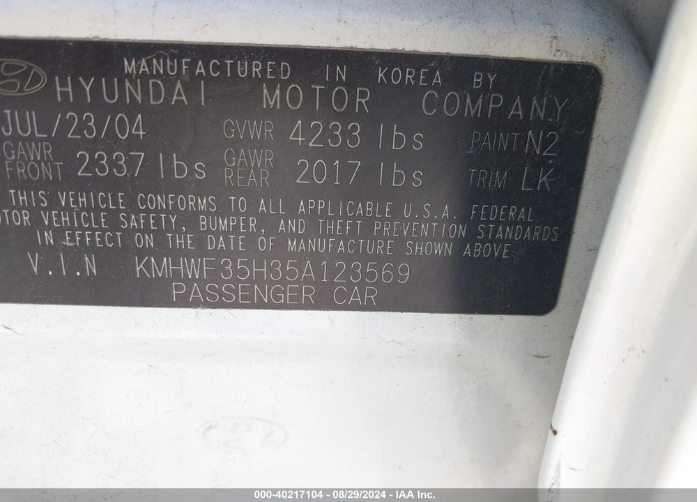 2005 HYUNDAI SONATA GLS/LX VIN: KMHWF35H35A123569