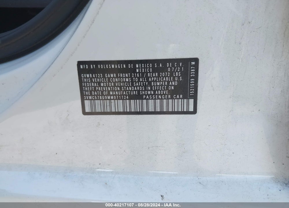 2021 VOLKSWAGEN JETTA 1.4T R-LINE/1.4T S/1.4T SE VIN: 3VWC57BU9MM071124