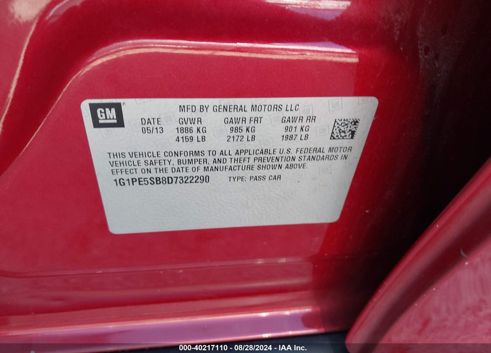 2013 CHEVROLET CRUZE 2LT AUTO VIN: 1G1PE5SB8D7322290