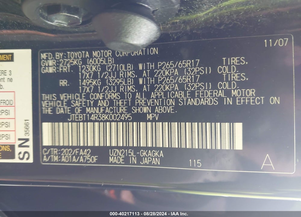 2008 TOYOTA 4RUNNER SR5 V8 VIN: JTEBT14R38K002495