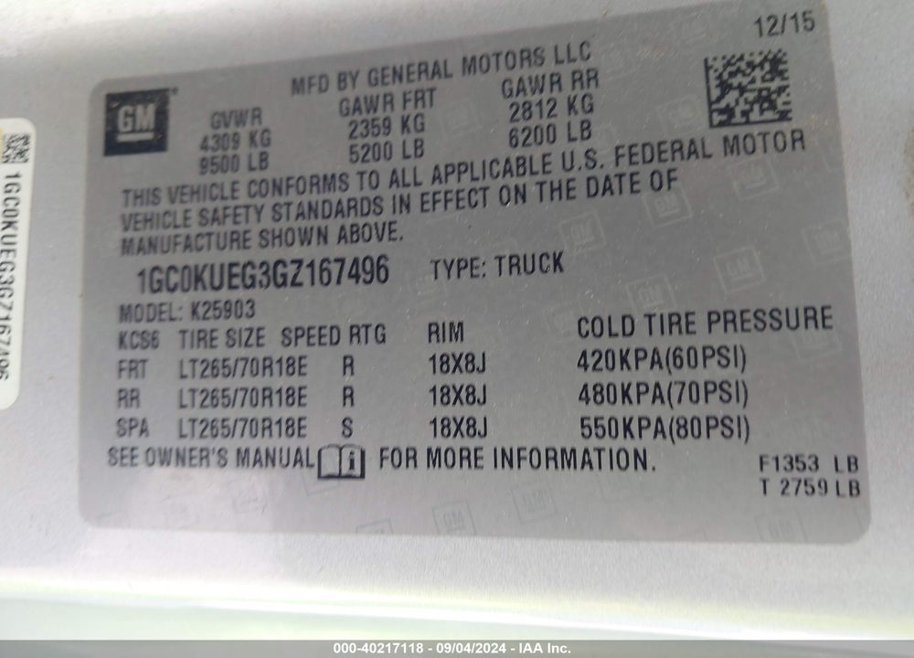 2016 CHEVROLET SILVERADO 2500HD WT VIN: 1GC0KUEG3GZ167496