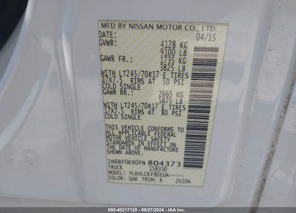 2015 NISSAN NV CARGO NV2500 HD S V6 VIN: 1N6BF0KX0FN804373