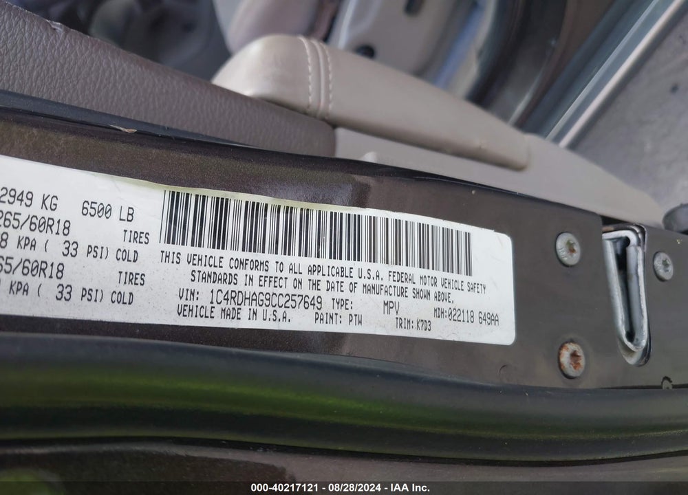 2012 DODGE DURANGO SXT VIN: 1C4RDHAG9CC257649
