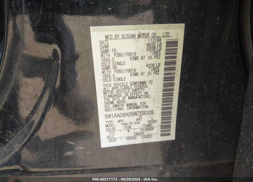 2005 NISSAN ARMADA SE VIN: 5N1AA08A55N709205