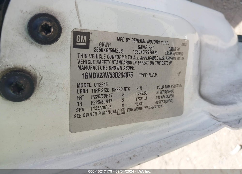 2008 CHEVROLET UPLANDER LS VIN: 1GNDV23W58D204075