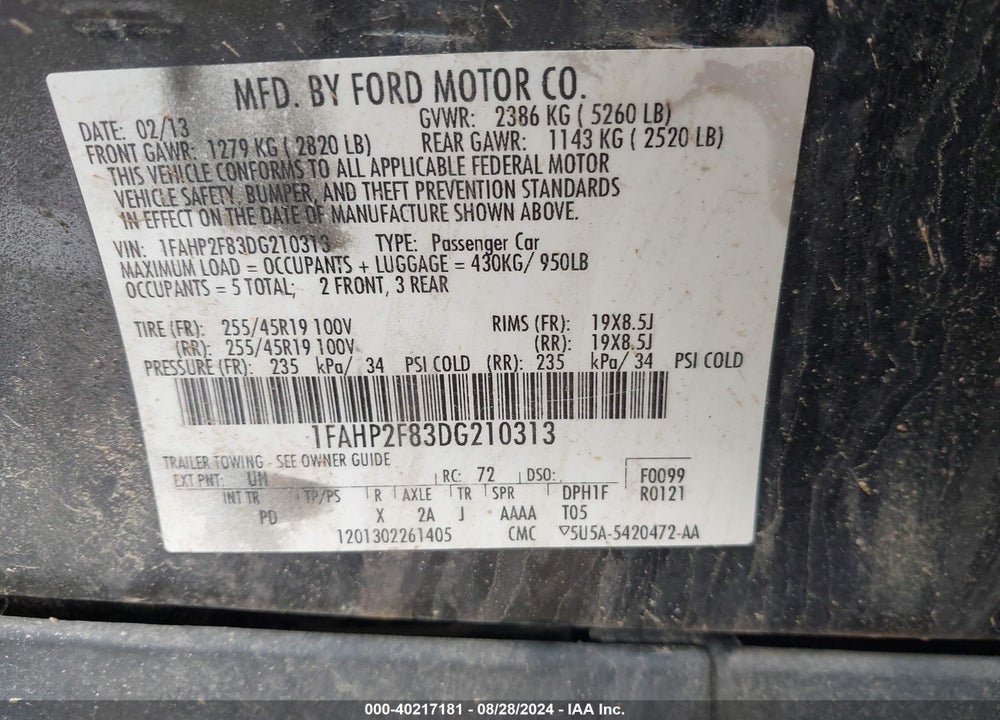 2013 FORD TAURUS LIMITED VIN: 1FAHP2F83DG210313
