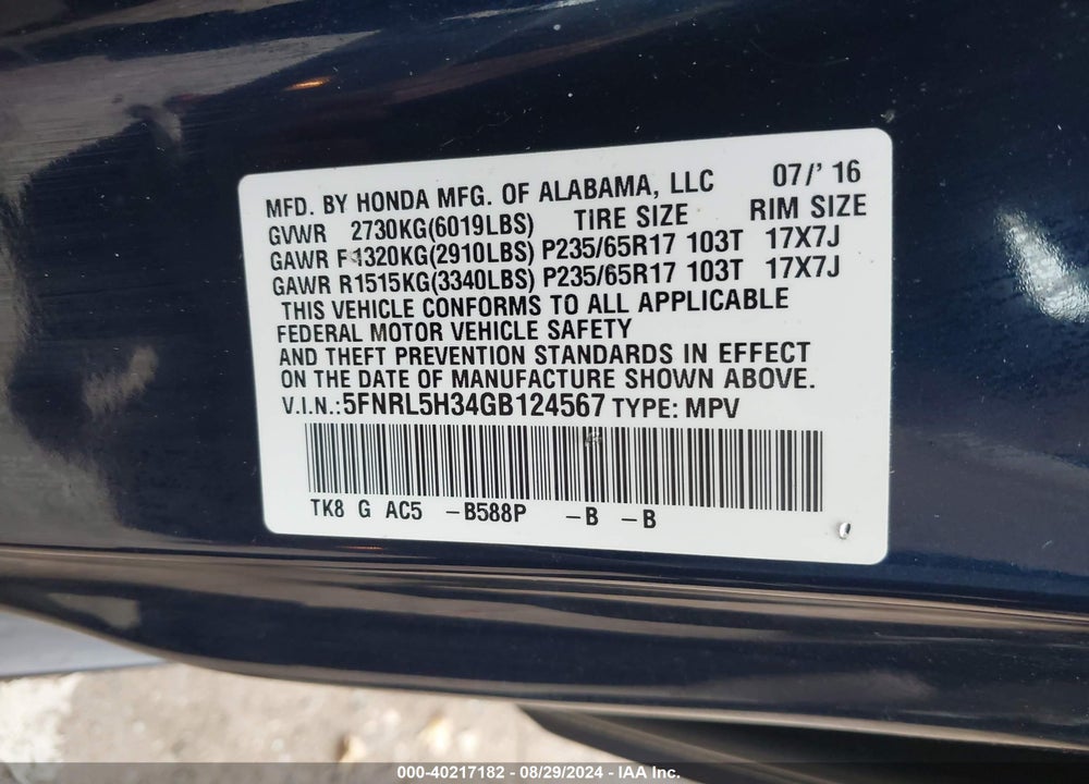 2016 HONDA ODYSSEY SE VIN: 5FNRL5H34GB124567