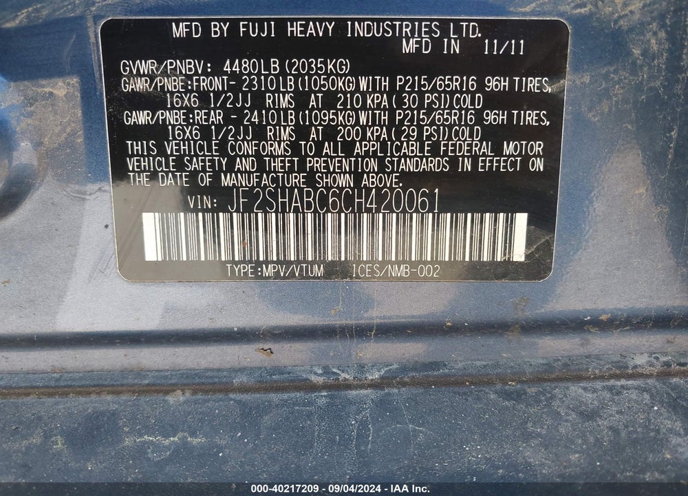 2012 SUBARU FORESTER 2.5X VIN: JF2SHABC6CH420061