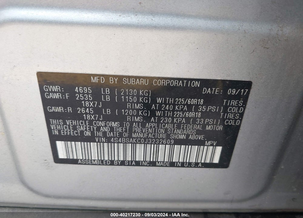 2018 SUBARU OUTBACK 2.5I LIMITED VIN: 4S4BSAKC0J3232609
