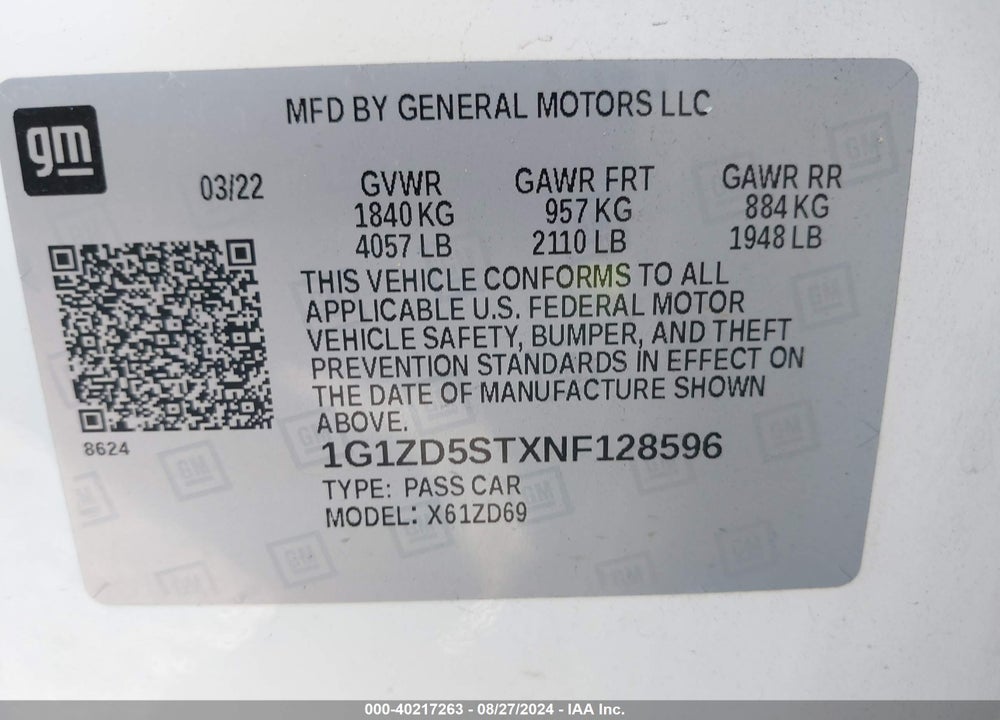 2022 CHEVROLET MALIBU FWD LT VIN: 1G1ZD5STXNF128596