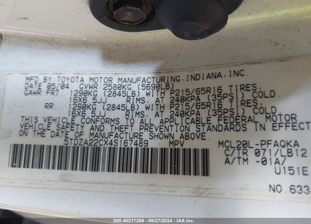 2004 TOYOTA SIENNA XLE VIN: 5TDZA22CX4S167489