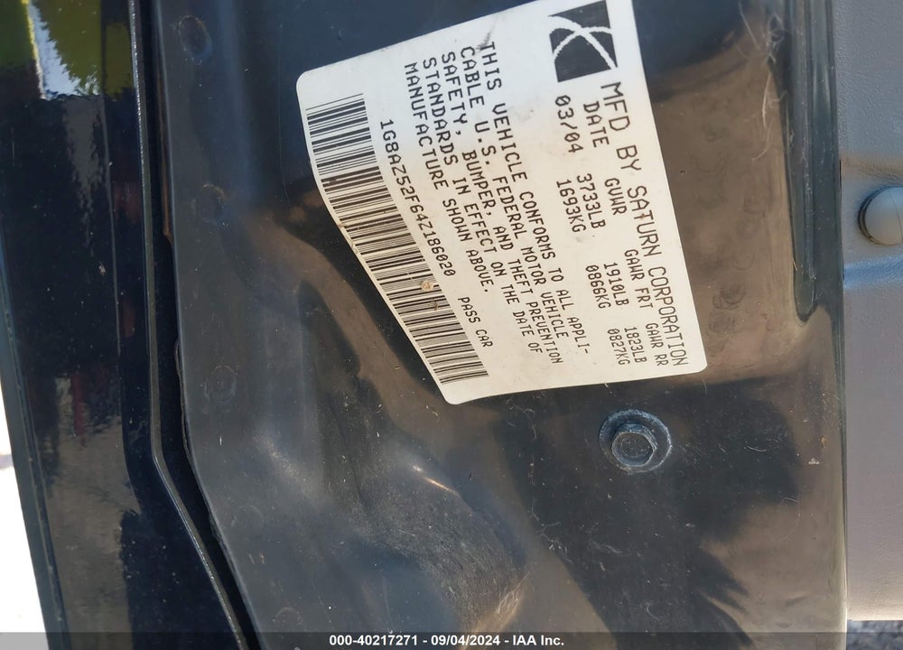 2004 SATURN ION 2 VIN: 1G8AZ52F64Z186020