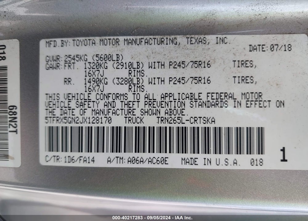 2018 TOYOTA TACOMA SR VIN: 5TFRX5GN2JX128170