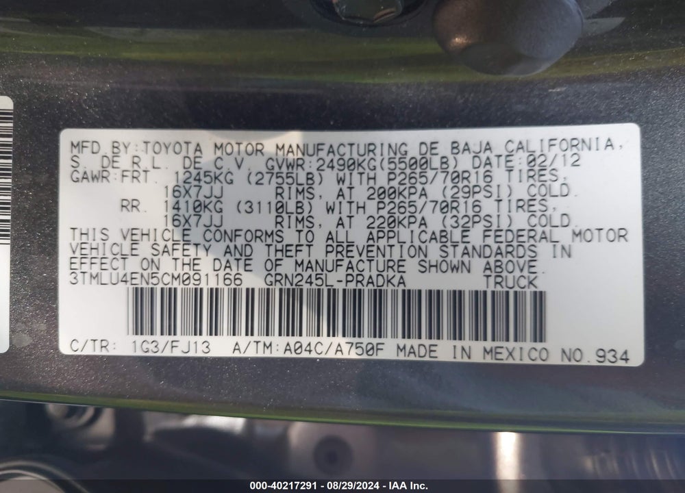 2012 TOYOTA TACOMA VIN: 3TMLU4EN5CM091166
