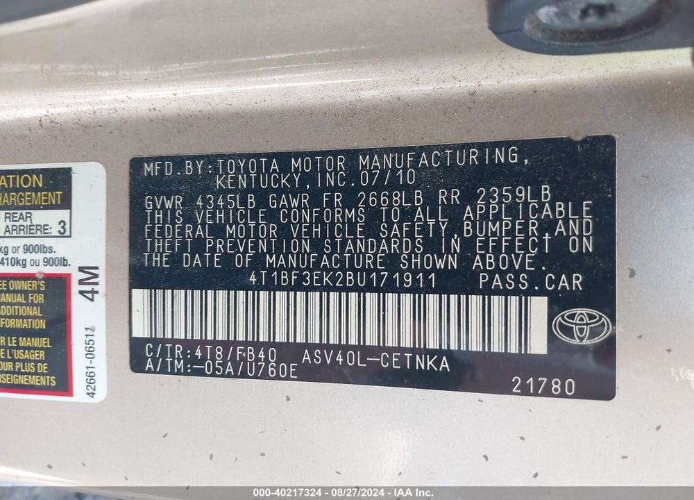 2011 TOYOTA CAMRY LE VIN: 4T1BF3EK2BU171911