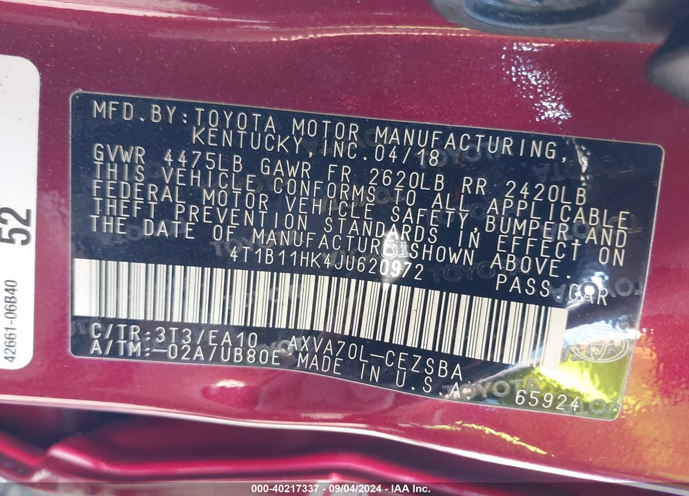 2018 TOYOTA CAMRY SE VIN: 4T1B11HK4JU620972