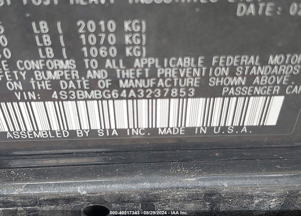 2010 SUBARU LEGACY 2.5I PREMIUM VIN: 4S3BMBG64A3237853
