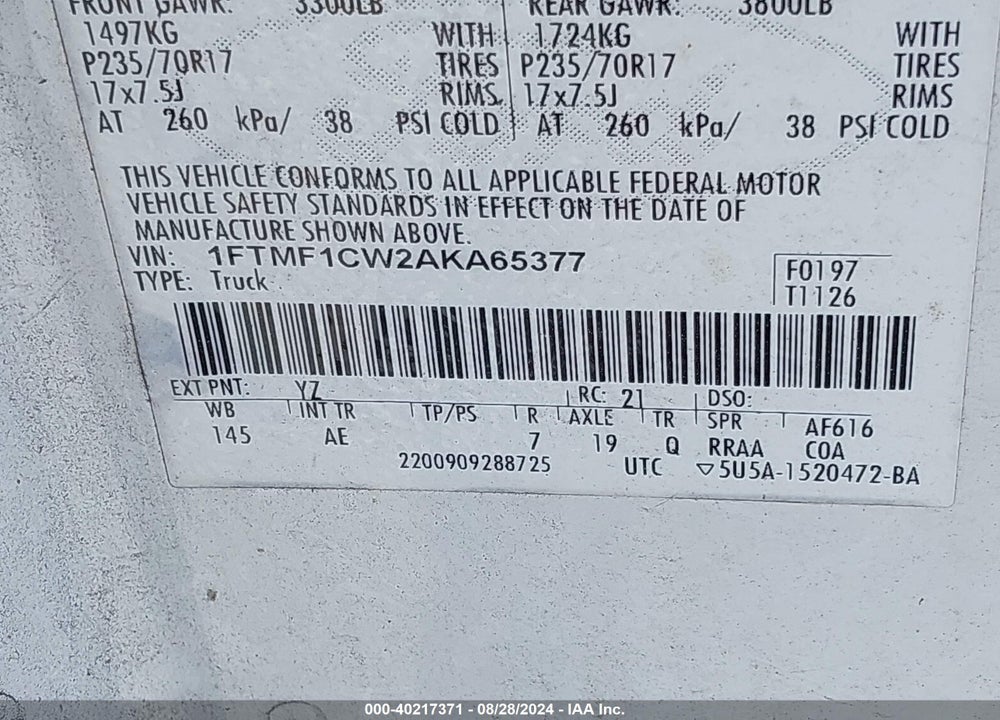 2010 FORD F-150 STX/XL/XLT VIN: 1FTMF1CW2AKA65377
