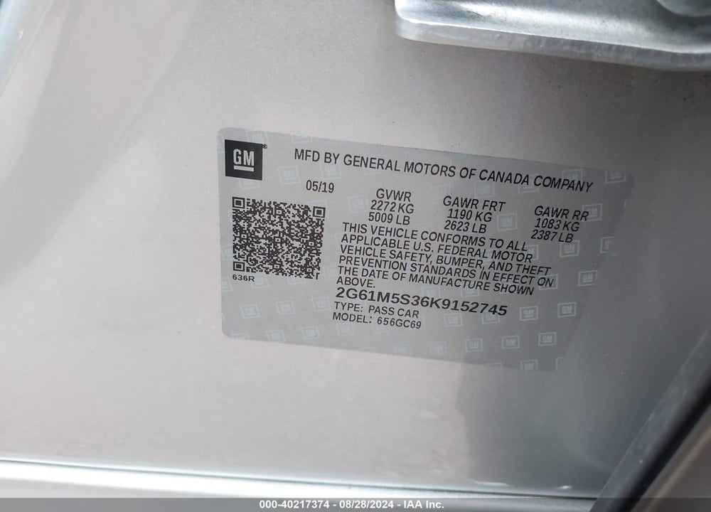 2019 CADILLAC XTS LUXURY VIN: 2G61M5S36K9152745