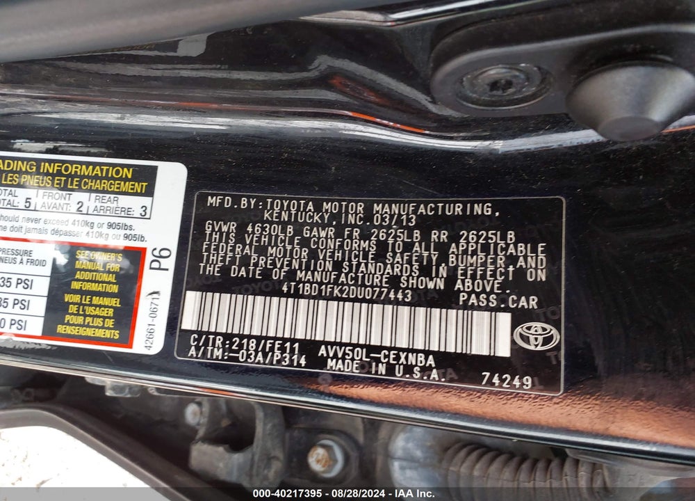 2013 TOYOTA CAMRY HYBRID LE VIN: 4T1BD1FK2DU077443