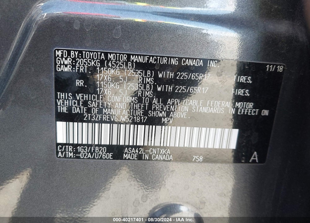 2018 TOYOTA RAV4 LE VIN: 2T3ZFREV6JW521817