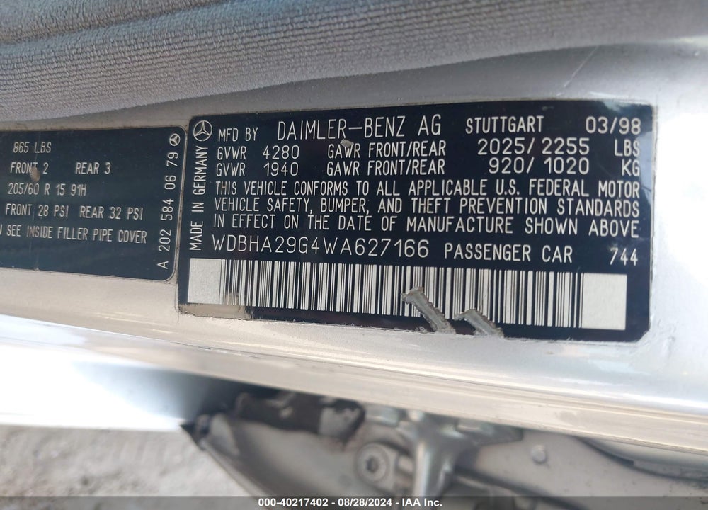 1998 MERCEDES-BENZ C 280 VIN: WDBHA29G4WA627166