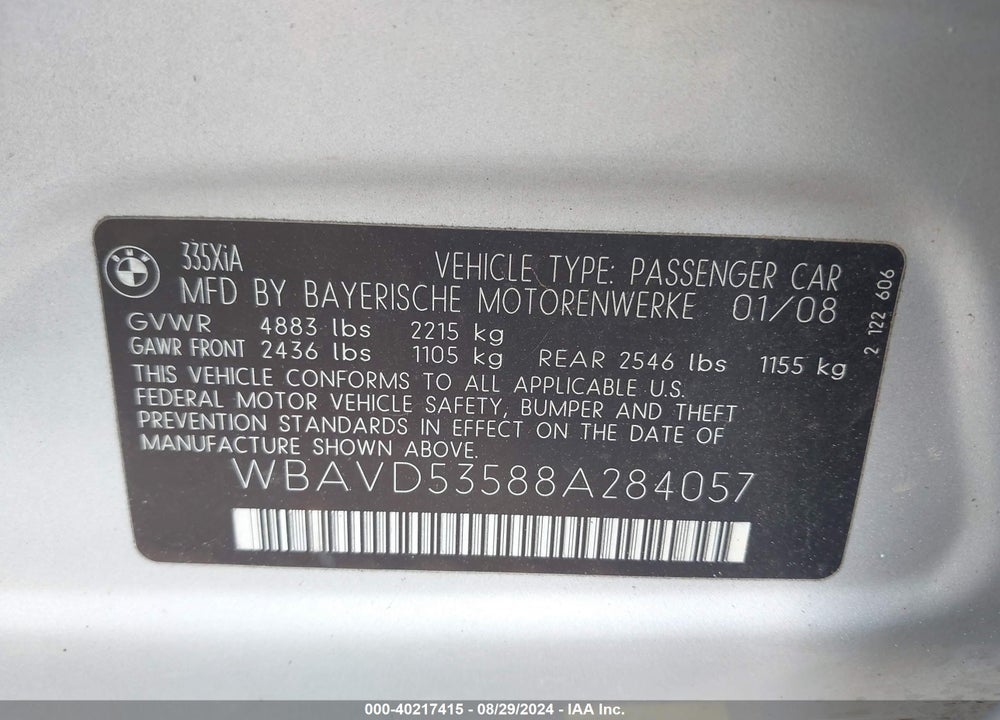 2008 BMW 335XI VIN: WBAVD53588A284057