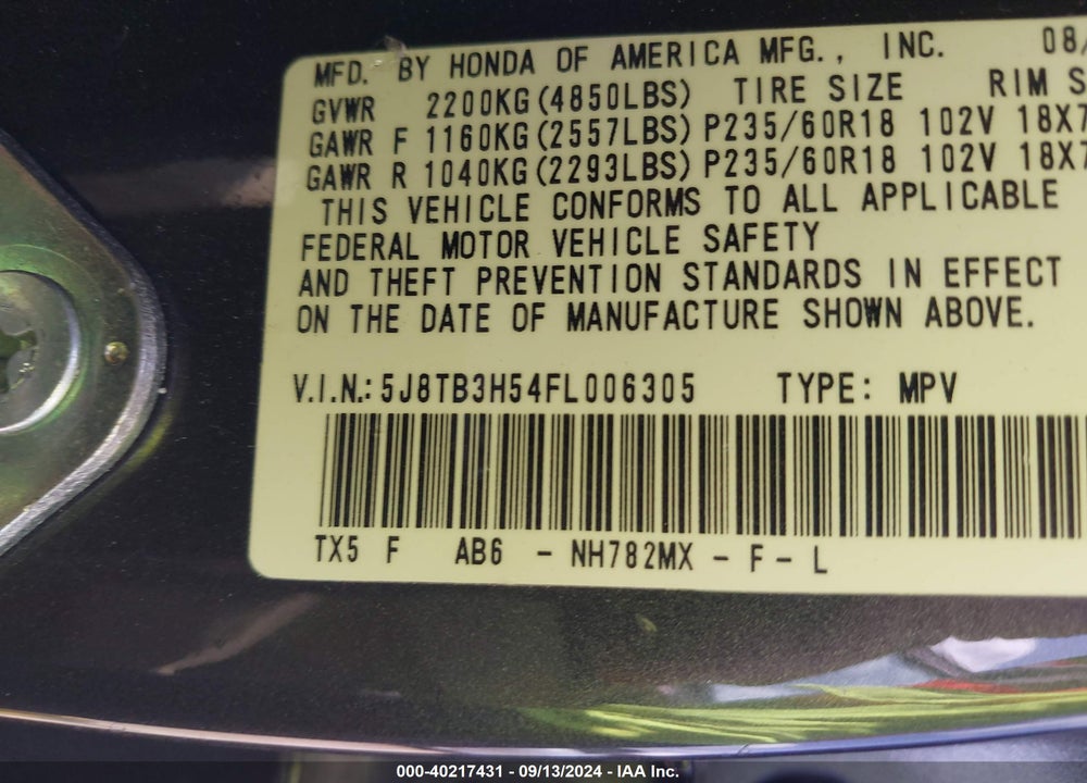 2015 ACURA RDX VIN: 5J8TB3H54FL006305