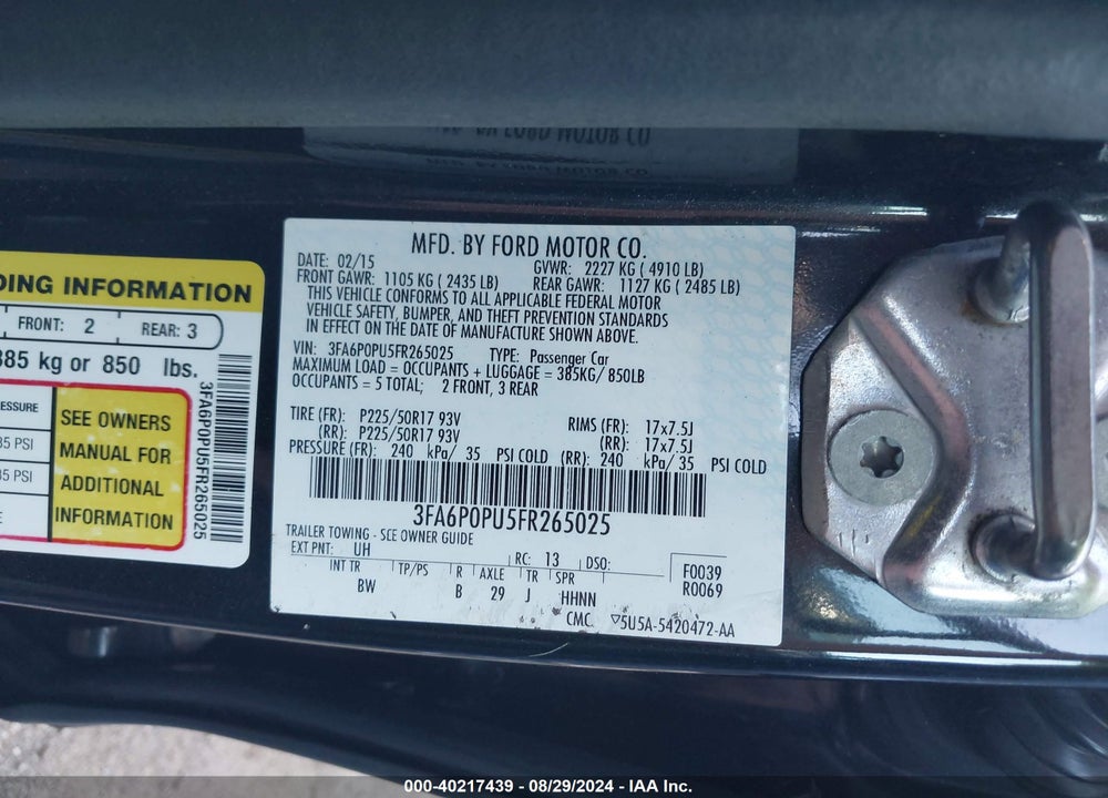 2015 FORD FUSION ENERGI SE LUXURY VIN: 3FA6P0PU5FR265025