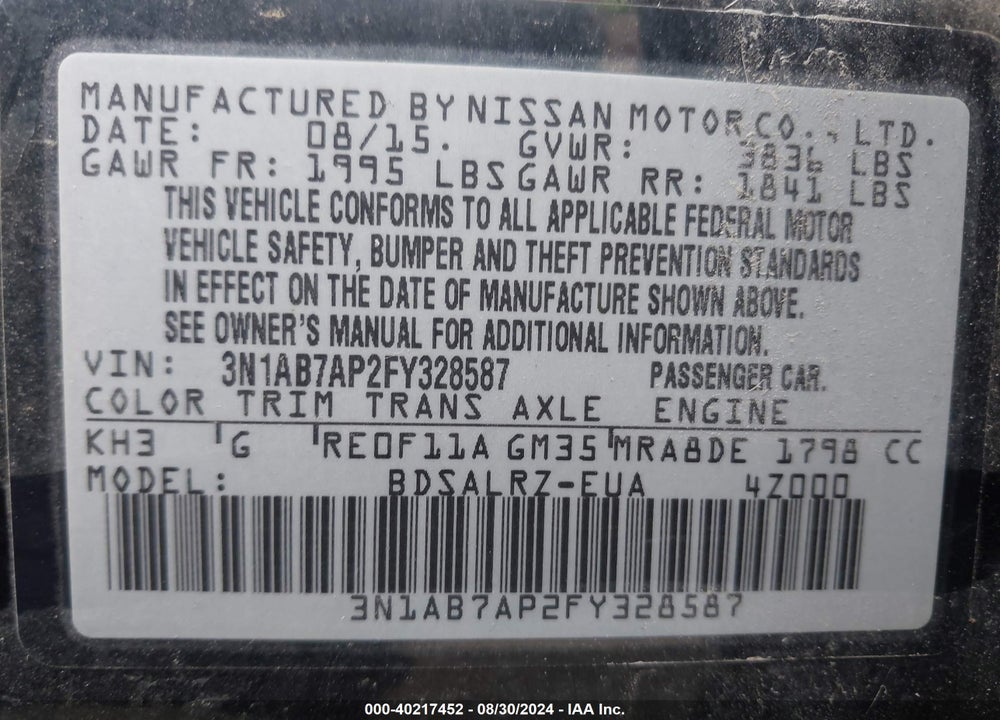 2015 NISSAN SENTRA SR VIN: 3N1AB7AP2FY328587