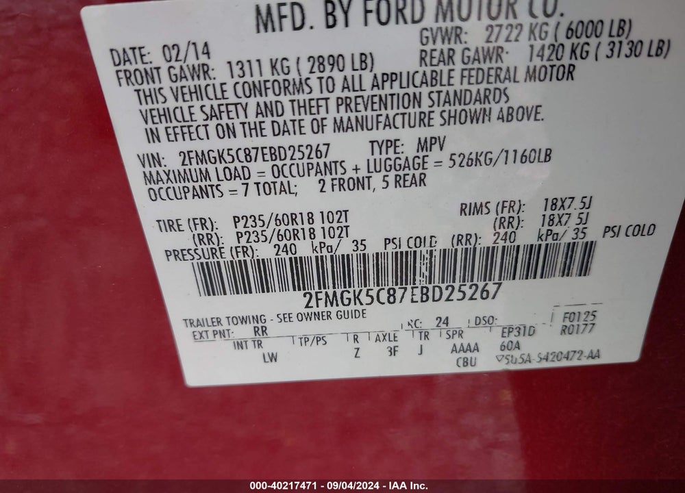 2014 FORD FLEX SEL VIN: 2FMGK5C87EBD25267