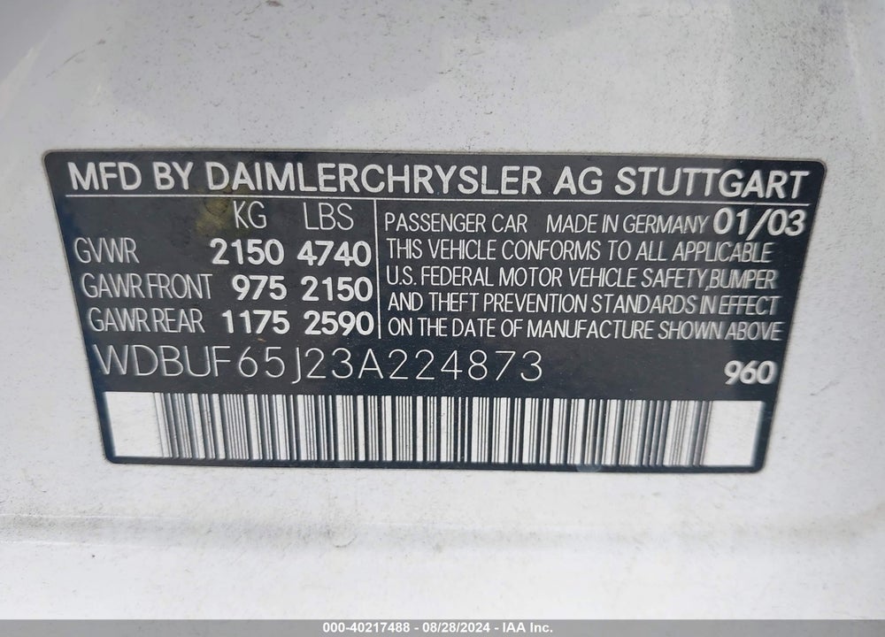 2003 MERCEDES-BENZ E 320 VIN: WDBUF65J23A224873