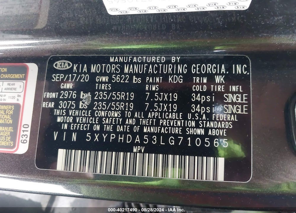2020 KIA SORENTO 3.3L EX VIN: 5XYPHDA53LG710565