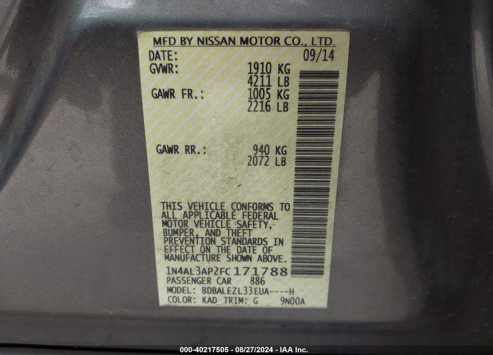 2015 NISSAN ALTIMA 2.5 S VIN: 1N4AL3AP2FC171788