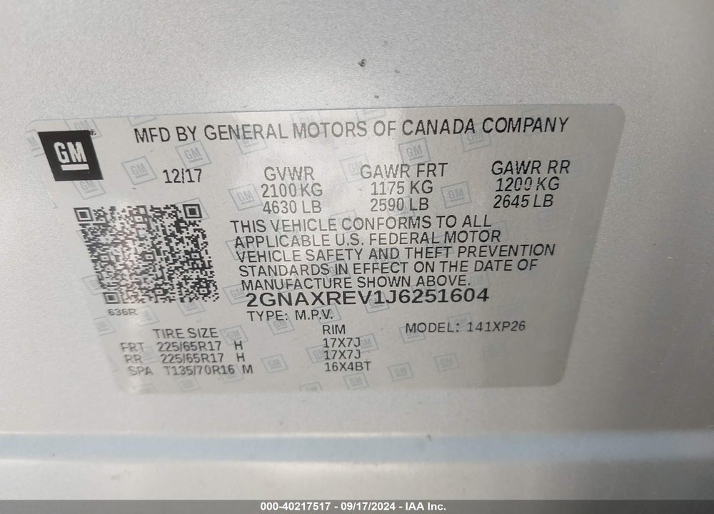 2018 CHEVROLET EQUINOX VIN: 2GNAXREV1J6251604