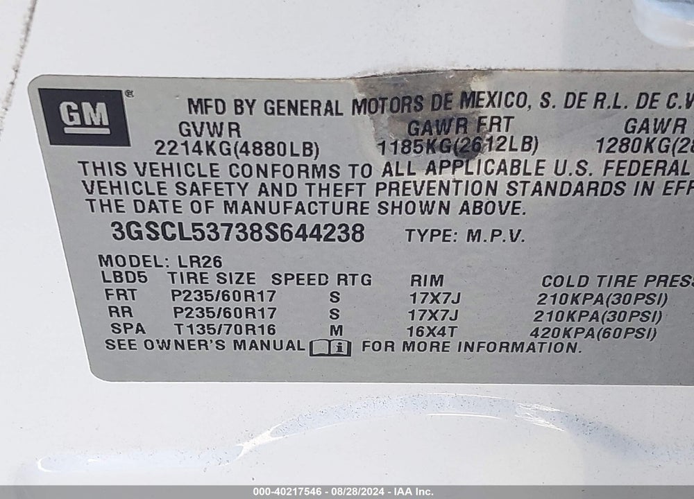 2008 SATURN VUE V6 XR VIN: 3GSCL53738S644238