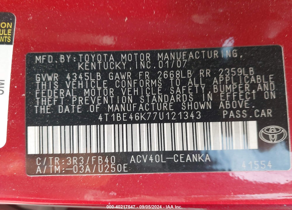 2007 TOYOTA CAMRY LE VIN: 4T1BE46K77U121343