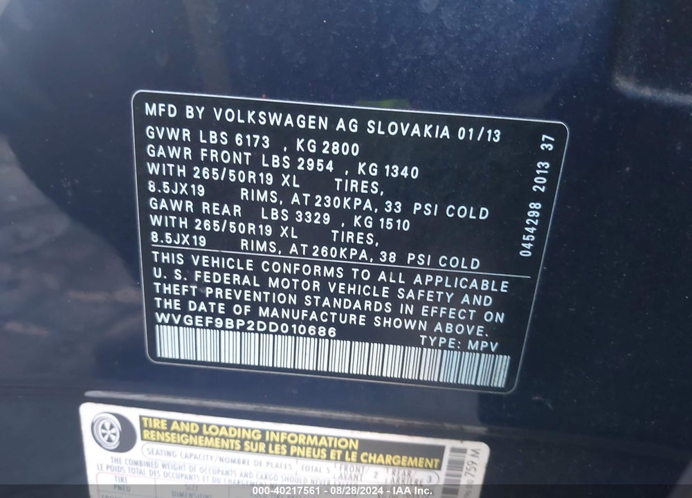 2013 VOLKSWAGEN TOUAREG VR6 LUX VIN: WVGEF9BP2DD010686