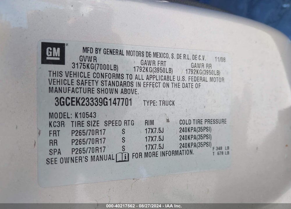 2009 CHEVROLET SILVERADO 1500 LT VIN: 3GCEK23339G147701