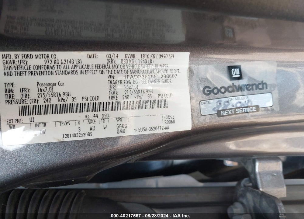 2014 FORD FOCUS SE VIN: 1FADP3F25EL298807