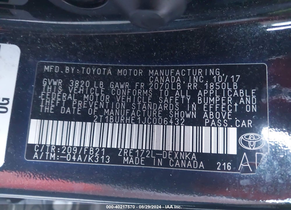 2018 TOYOTA COROLLA LE VIN: 2T1BURHE1JC006432
