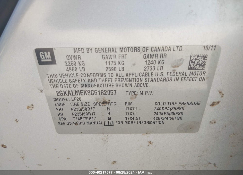 2012 GMC TERRAIN SLE-1 VIN: 2GKALMEK8C6182057