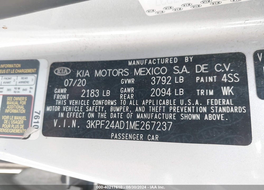 2021 KIA FORTE LXS VIN: 3KPF24AD1ME267237