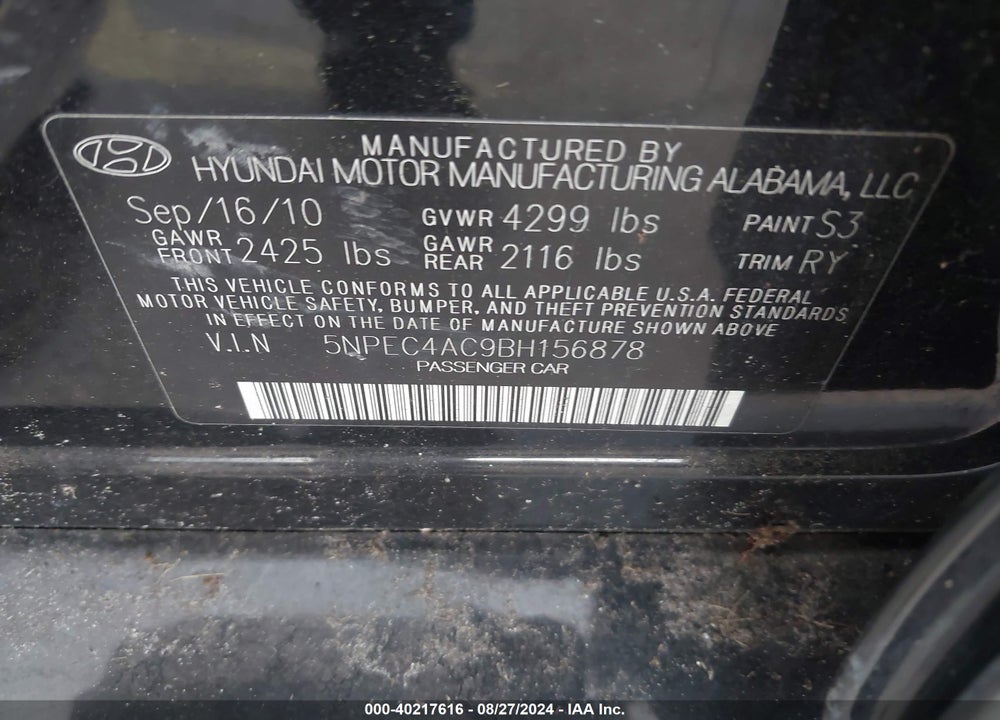 2011 HYUNDAI SONATA SE VIN: 5NPEC4AC9BH156878