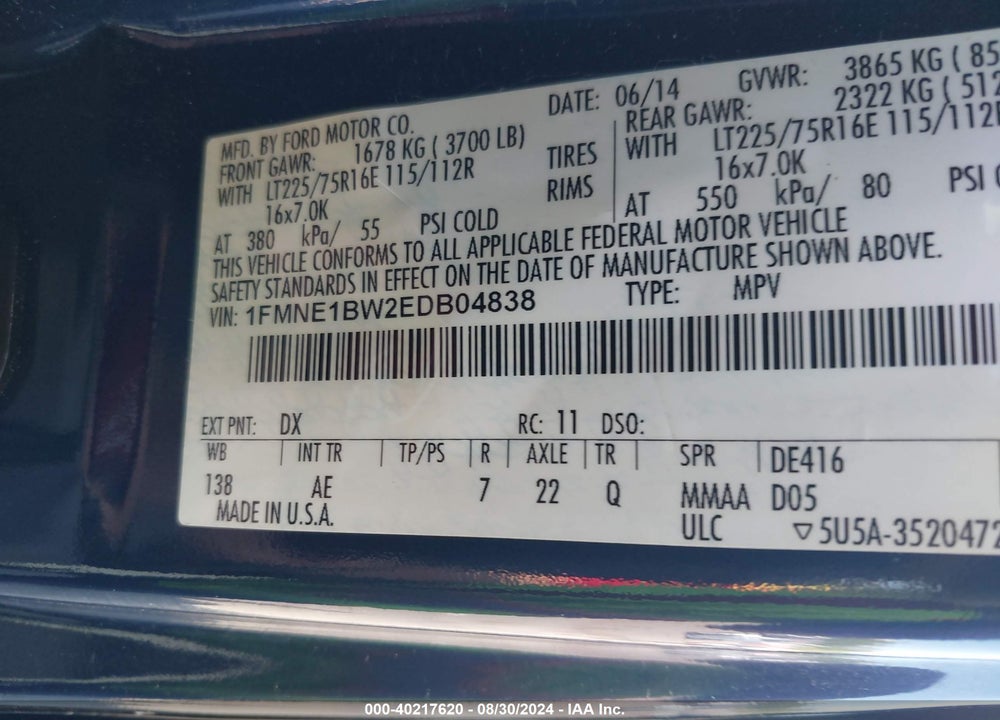 2014 FORD E-150 XL VIN: 1FMNE1BW2EDB04838
