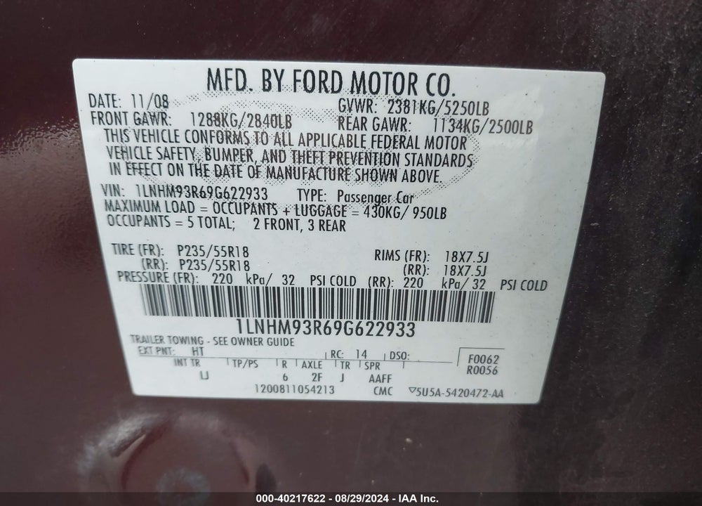 2009 LINCOLN MKS VIN: 1LNHM93R69G622933