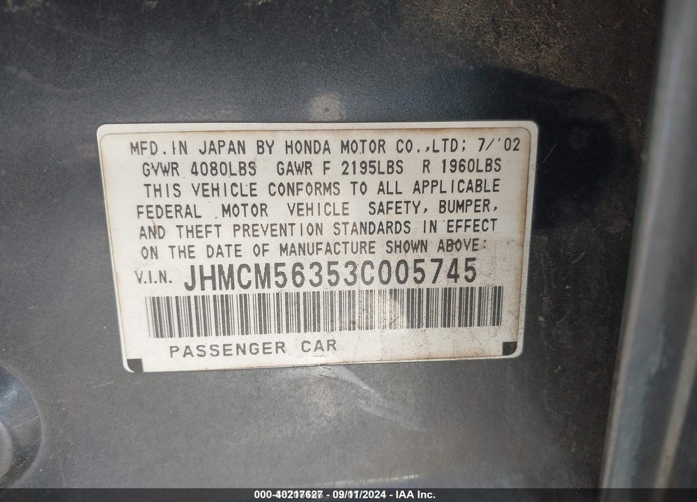 2003 HONDA ACCORD 2.4 LX VIN: JHMCM56353C005745