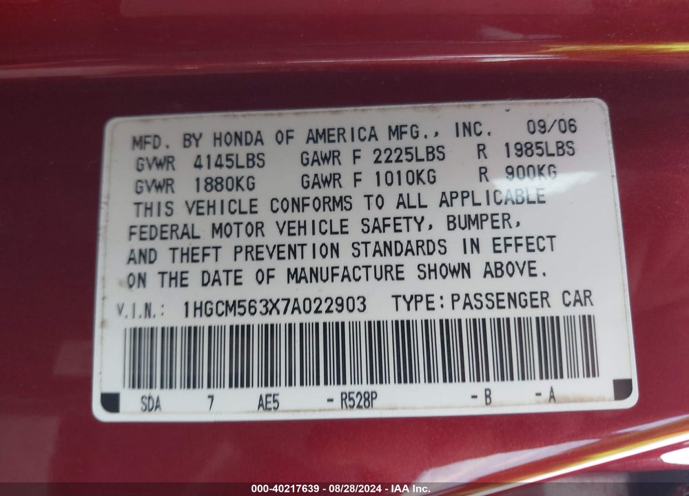 2007 HONDA ACCORD 2.4 SE VIN: 1HGCM563X7A022903